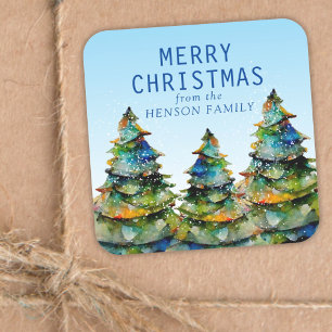 Christmas Tree Artistic Watercolor Family Square Sticker