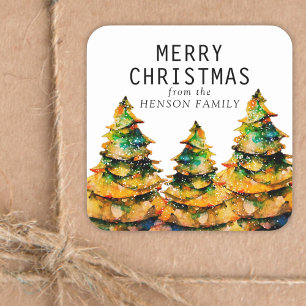 Christmas Tree Artistic Watercolor Family Square Sticker