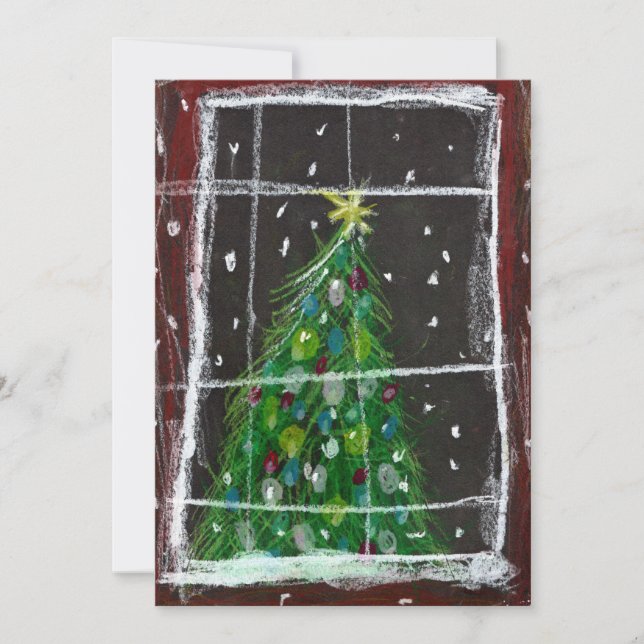 Christmas Tree At Window At Night Snowing Lights Holiday Card (Front)