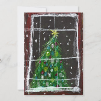 Christmas Tree At Window At Night Snowing Lights Holiday Card