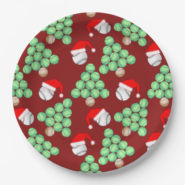 Christmas Tree Baseball Santa Hats Paper Plate (Front)