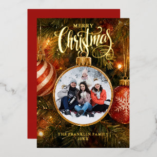 Christmas Tree Baubles Photo Elegant Foil Holiday Card