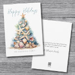 Christmas Tree Beach Happy Holidays Holiday Card<br><div class="desc">Personalized Elegant Christmas Tree Beach Happy Holidays Card Seashell Starfish Coral Watercolor. Happy Holidays! Share warm and beachy wishes this season with a unique holiday card featuring a charming Christmas tree crafted from seashells and starfish. The tree takes centre stage, topped with a starfish and blending soothing blue and green...</div>