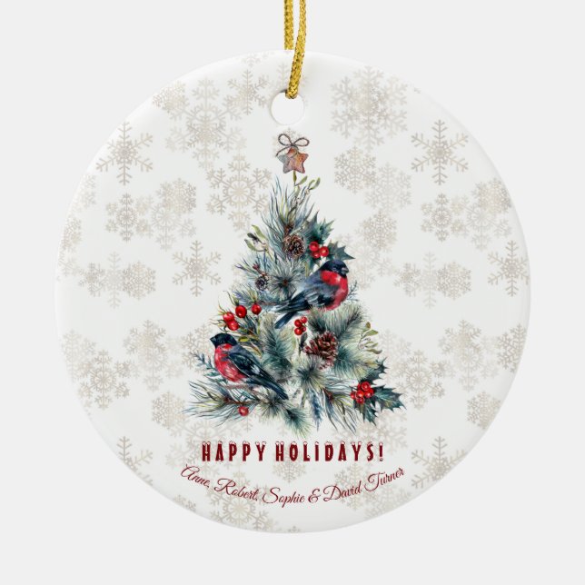 Christmas Tree Berries Holiday Wishes Monogram Ceramic Ornament (Front)