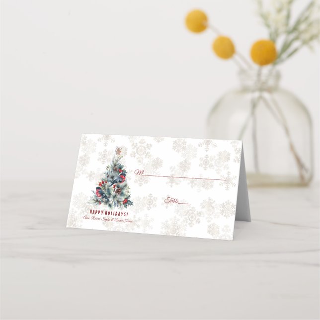 Christmas Tree Berries Holiday Wishes Monogram Place Card (Front)