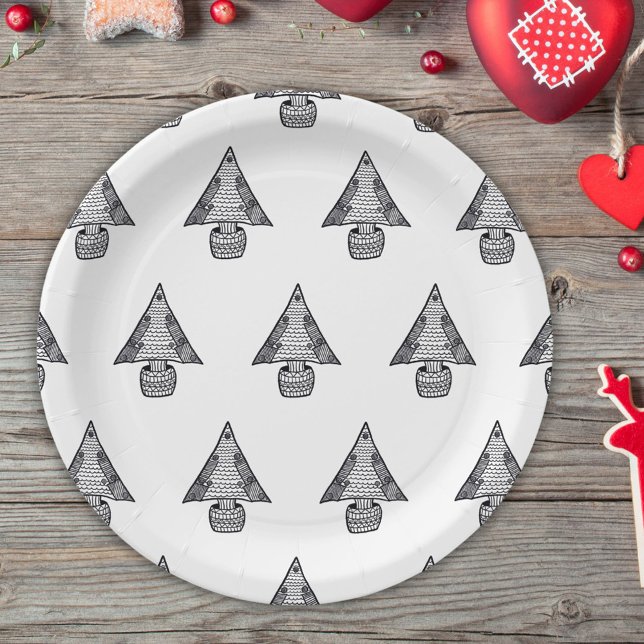 Christmas Tree Black and White Drawing Pattern Paper Plate (Creator Uploaded)
