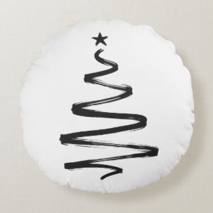 Christmas Tree Black and White Round Pillow