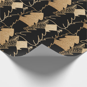 Christmas Tree Black Gold Fancy Glitter Wood Wrapping Paper