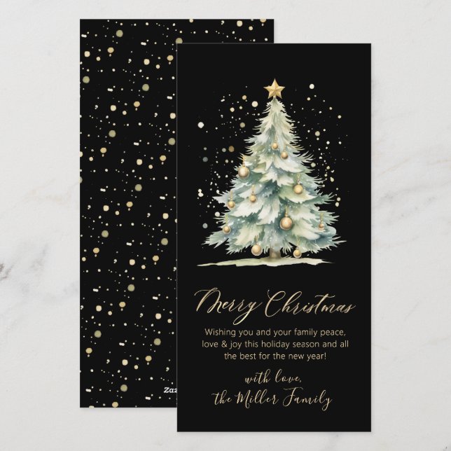 Christmas Tree Black Gold Script Non Photo Holiday Card (Front/Back)