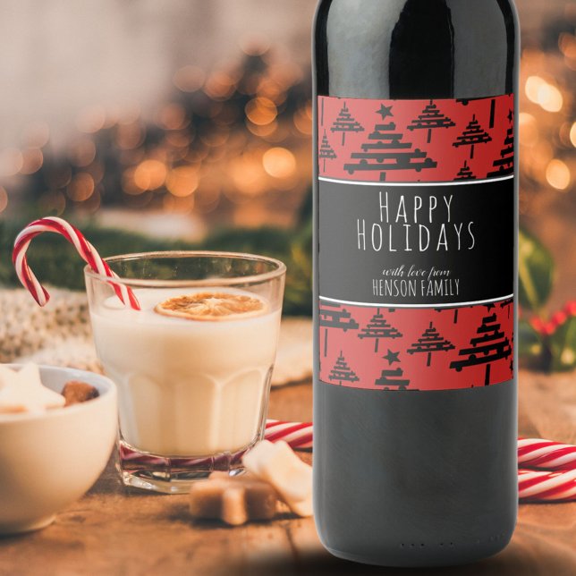 Christmas Tree Black Red Festive Personalizable Wine Label (Creator Uploaded)