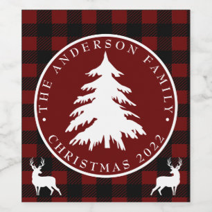 Christmas Tree Black & Red Plaid Personalized Wine Label