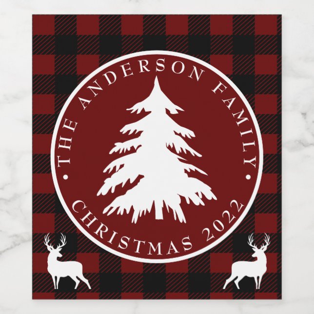 Christmas Tree Black & Red Plaid Personalized Wine Label (Single Label)