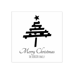 Christmas tree Black Script Personalizable Holiday Rubber Stamp