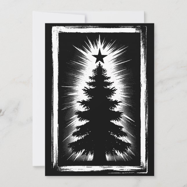 Christmas Tree Black & White Grunge & Distressed Holiday Card (Front)