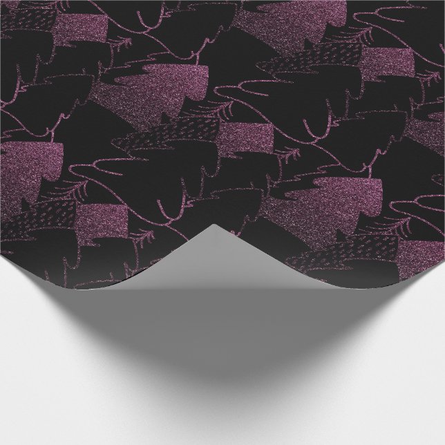 Christmas Tree Black Wood Fancy Glitter Burgundy Wrapping Paper (Corner)