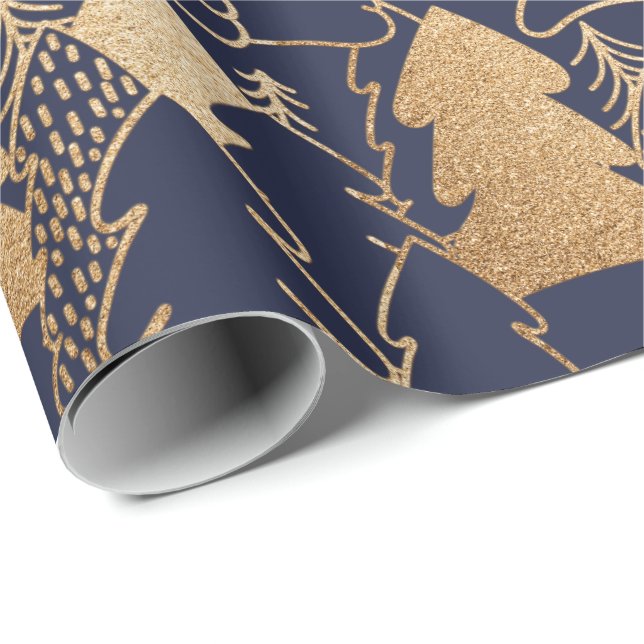 Christmas Tree Blue Navy Gold Fancy Glitter Wood Wrapping Paper (Roll Corner)