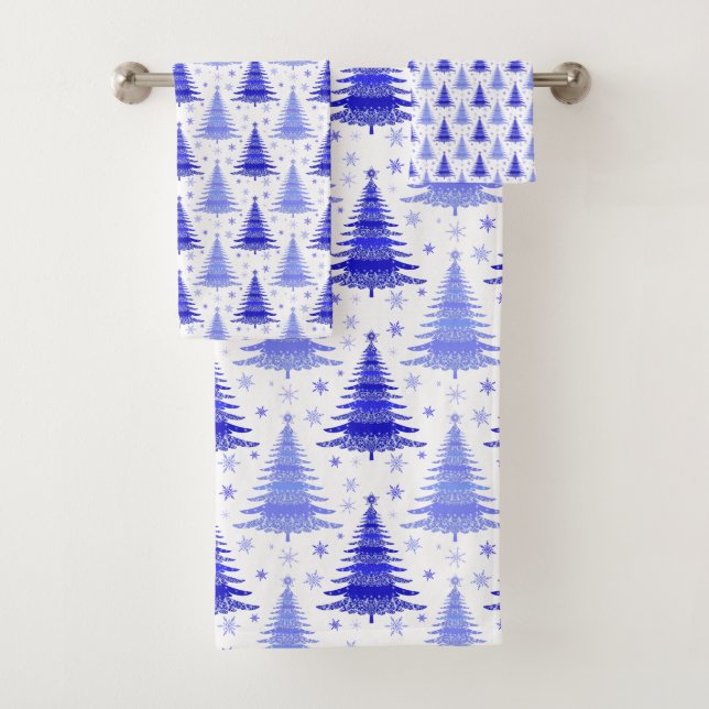 Christmas Tree Blue Periwinkle Pattern Design Bath Towel Set (Insitu)