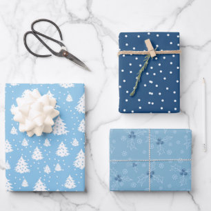 Christmas Tree Blue White Pattern Wrapping Paper Sheet