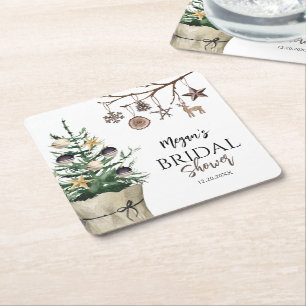 Christmas Tree Boho Winter Bridal Shower Square Paper Coaster