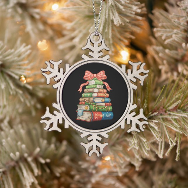 Christmas Tree Books Bow Reading Librarian Teacher Snowflake Pewter Christmas Ornament (Tree)