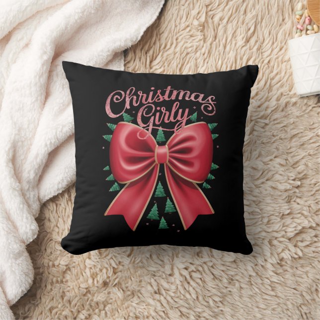 Christmas Tree Bow Girly Aesthetic Holiday Xmas  Throw Pillow (Blanket)