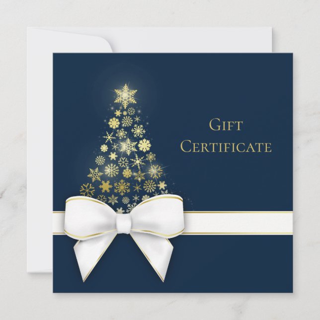 Christmas Tree Bow Gold Snowflakes Blue Gift Card (Front)
