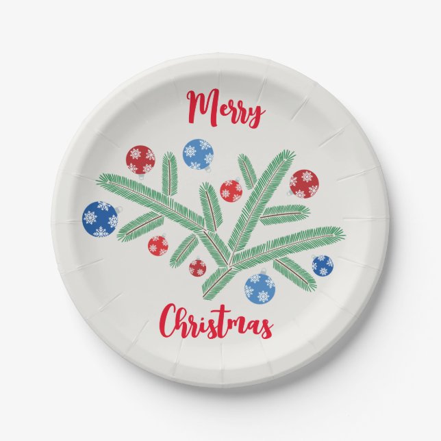 Christmas tree branch with snowflake decorations paper plate (Front)