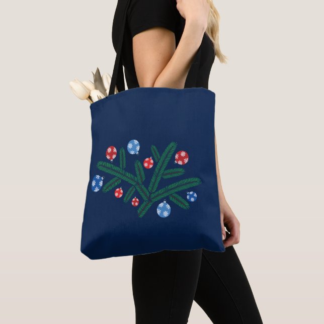 Christmas tree branch with snowflake decorations tote bag (Close Up)