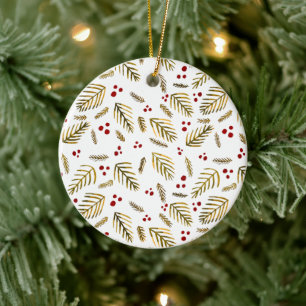 Christmas tree branches and berries - amber ceramic ornament