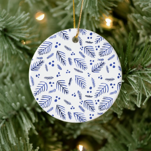 Christmas tree branches and berries - blue ceramic ornament (Tree)