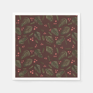 Christmas tree branches and berries - brown&green napkin