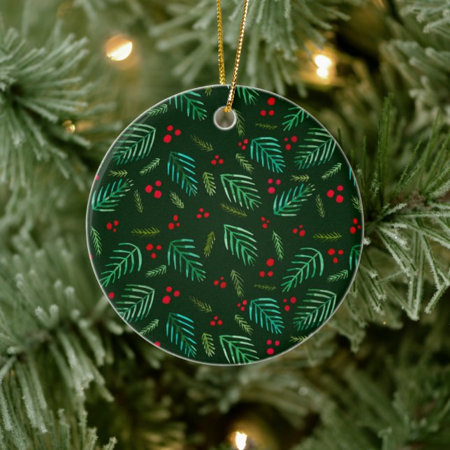 Christmas tree branches and berries - dark ceramic ornament (Tree)