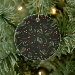 Christmas tree branches and berries - dark green ceramic ornament