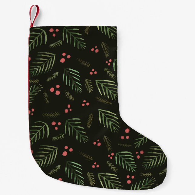 Christmas tree branches and berries - dark green small christmas stocking (Front)