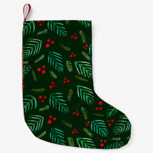 Christmas tree branches and berries - dark green small christmas stocking