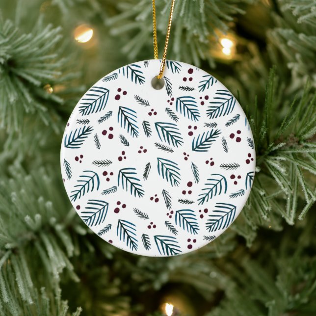 Christmas tree branches and berries - dark teal ceramic ornament (Tree)