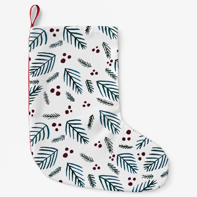 Christmas tree branches and berries - dark teal small christmas stocking (Front)