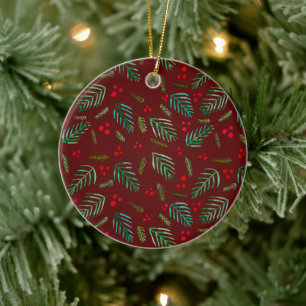 Christmas tree branches and berries - red & green ceramic ornament