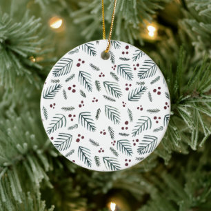 Christmas tree branches and berries - teal ceramic ornament