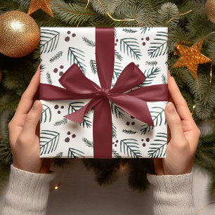 Christmas tree branches and berries - teal wrapping paper sheet