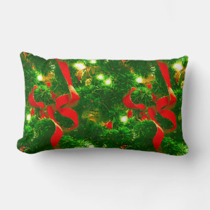 Christmas Tree Branches and Red Ribbons Lumbar Pillow