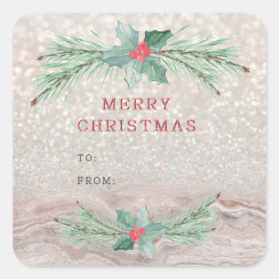 Christmas tree branches with red berries. square sticker