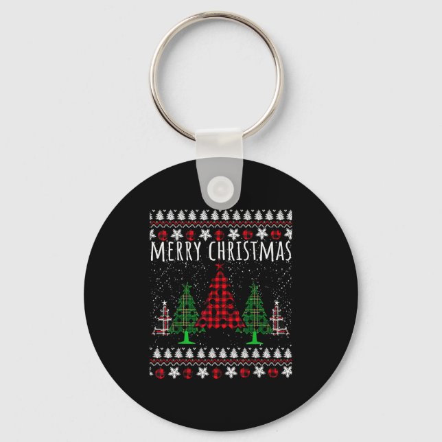 Christmas Tree Buffalo Gingham Plaid  Keychain (Front)