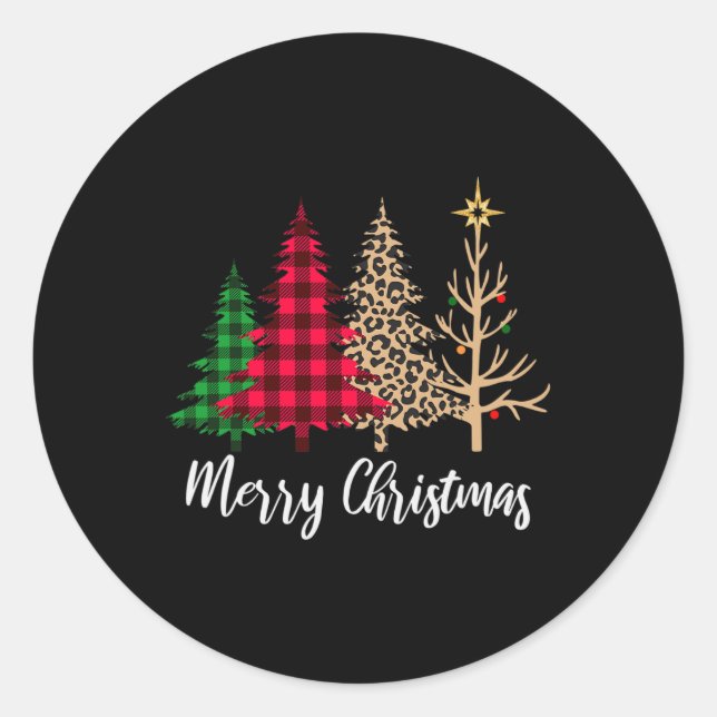 Christmas Tree Buffalo Plaid Red Green Leopard Xma Classic Round Sticker (Front)