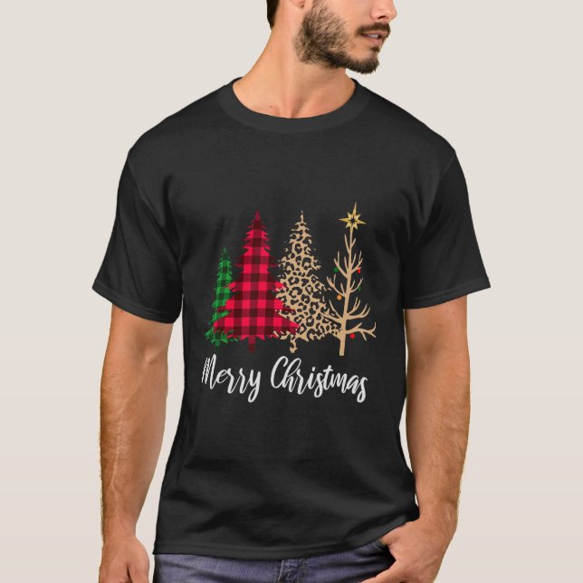 Christmas Tree Buffalo Plaid Red Green Leopard Xma T-Shirt (Front)