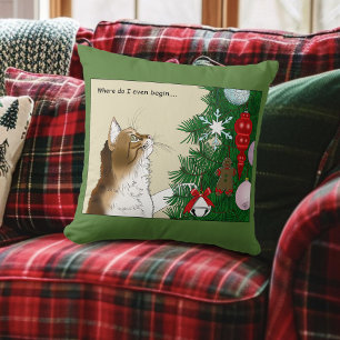 Christmas Tree Calico Cat Ornaments Funny Throw Pillow