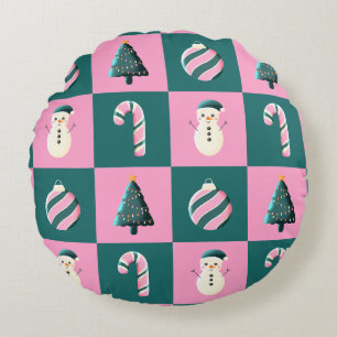 Christmas tree candy cane bauble snowman pink cyan round pillow