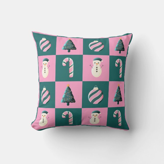 Christmas tree candy cane bauble snowman pink cyan throw pillow (Front)