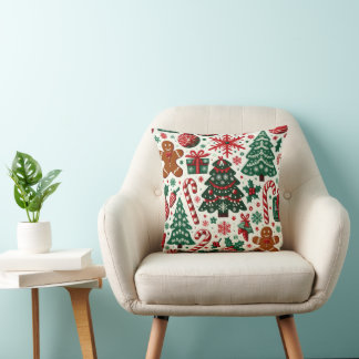 Christmas tree, candy cane, gingerbread man throw pillow