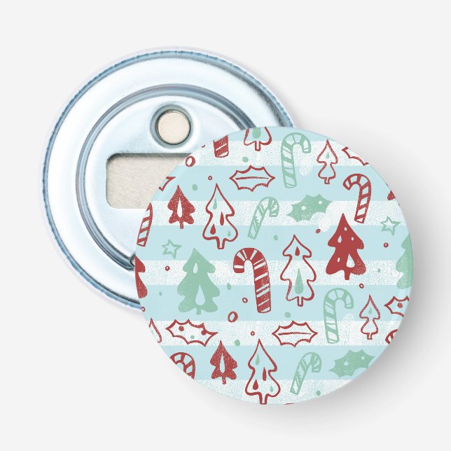 Christmas Tree Candy Cane Holly Pattern on Blue Bottle Opener (Front)